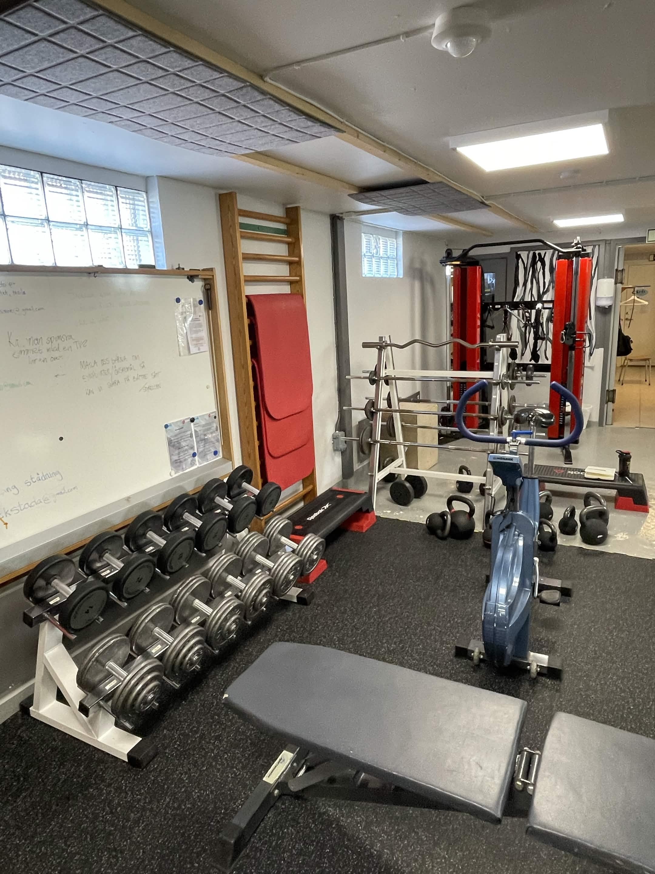 Fria vikter, träningsbänkar och maskiner i gymmet